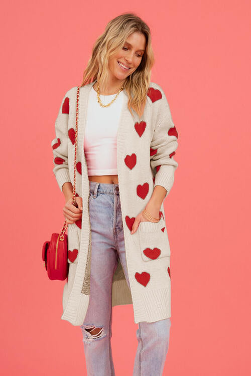 Heart Graphic Open Front Cardigan with Pockets - MegaSuperStar