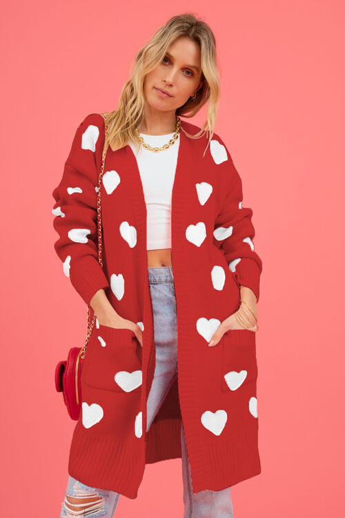 Heart Graphic Open Front Cardigan with Pockets - MegaSuperStar