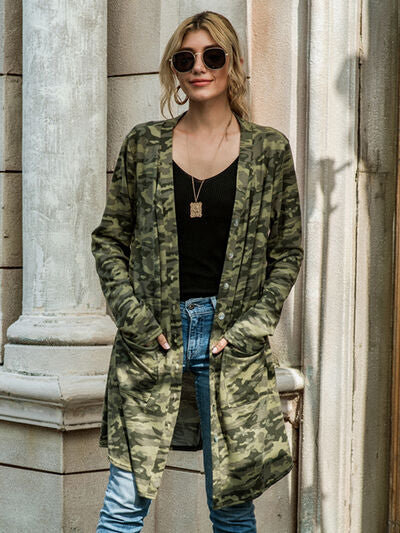 Camouflage Button Up Long Sleeve Cardigan - MegaSuperStar