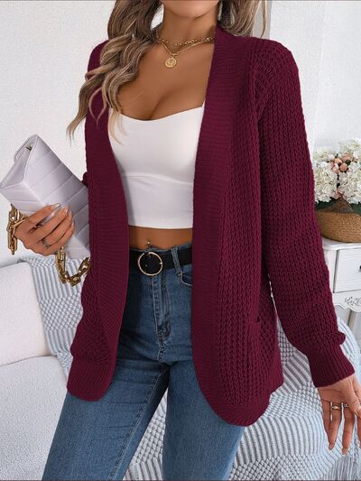 Open Front Long Sleeve Cardigan with Pockets - MegaSuperStar