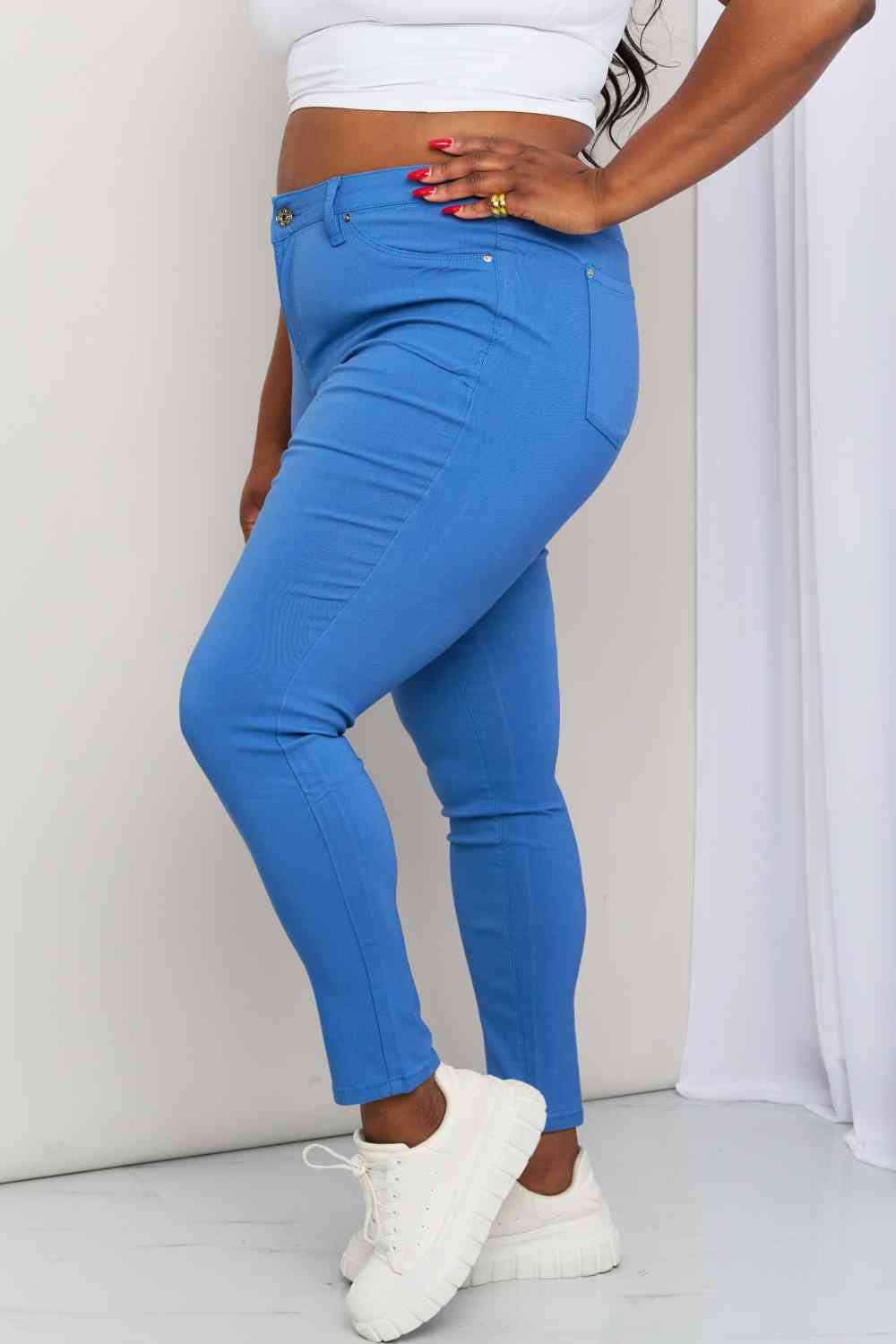 YMI Jeanswear Kate Hyper-Stretch Full Size Mid-Rise Skinny Jeans in Electric Blue - MegaSuperStar