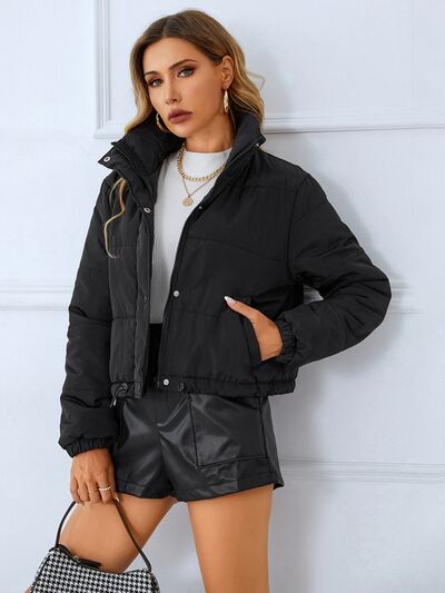 Snap and Zip Closure Drawstring Cropped Winter Coat - MegaSuperStar