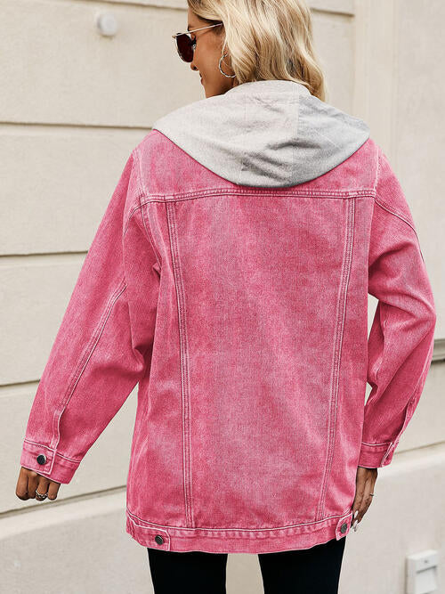 Drawstring Button Up Hooded Denim Jacket