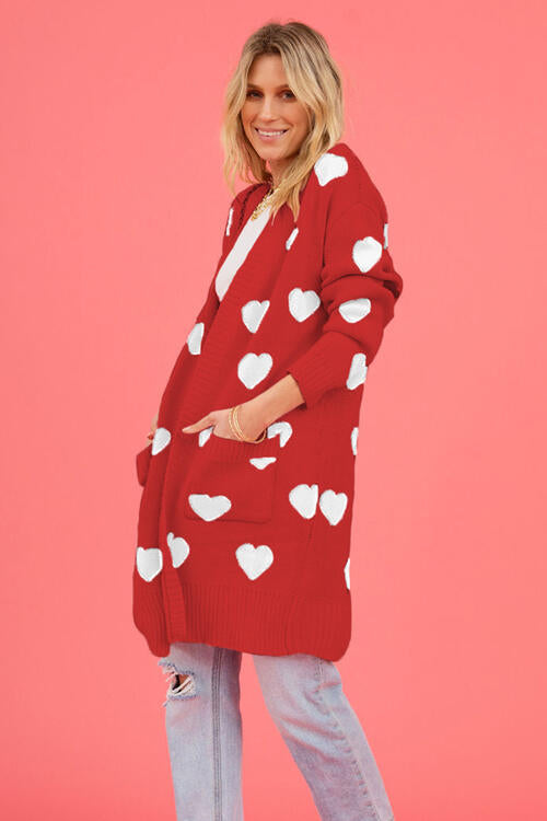 Heart Graphic Open Front Cardigan with Pockets - MegaSuperStar