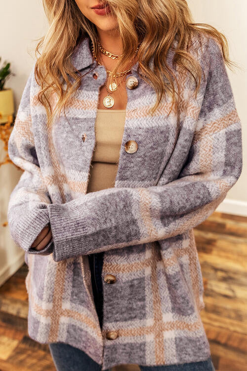 Button Up Plaid Long Sleeve Cardigan - MegaSuperStar