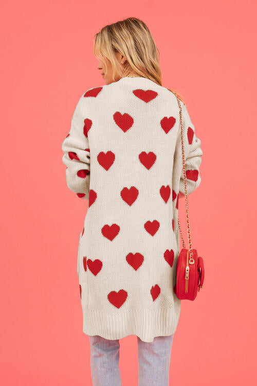 Heart Graphic Open Front Cardigan with Pockets - MegaSuperStar