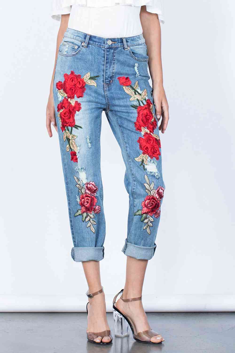 Full Size Flower Embroidery Buttoned Jeans - MegaSuperStar