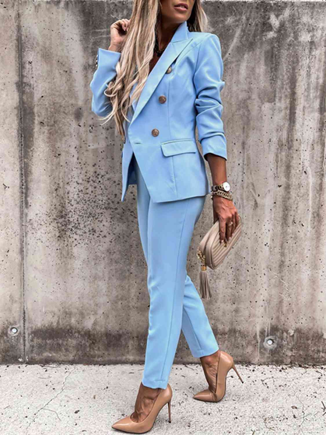 Lapel Collar Long Sleeve Blazer and Pants Set