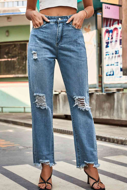 Distressed Buttoned Loose Fit Jeans - MegaSuperStar