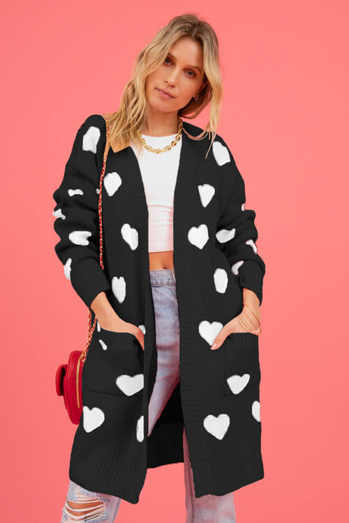 Heart Graphic Open Front Cardigan with Pockets - MegaSuperStar