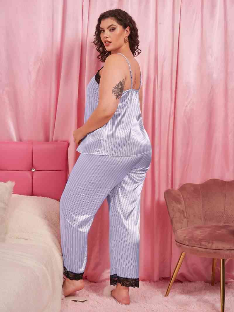 Plus Size Vertical Stripe Lace Trim Cami and Pants Pajama Set