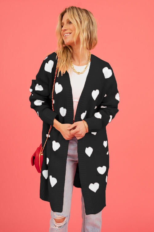 Heart Graphic Open Front Cardigan with Pockets - MegaSuperStar