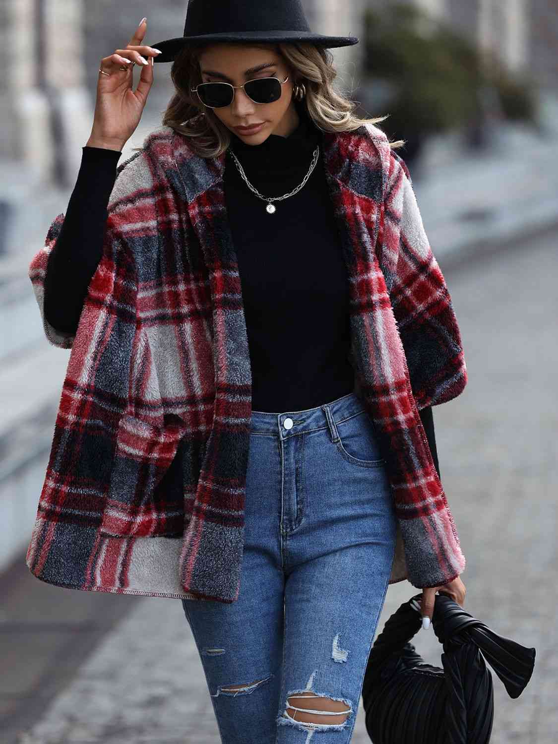 Plaid Hooded Coat with Pockets