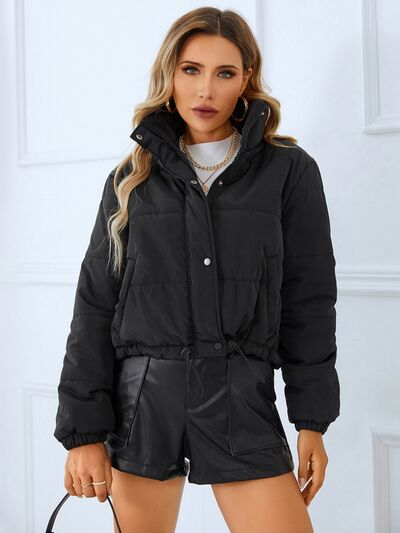 Snap and Zip Closure Drawstring Cropped Winter Coat - MegaSuperStar