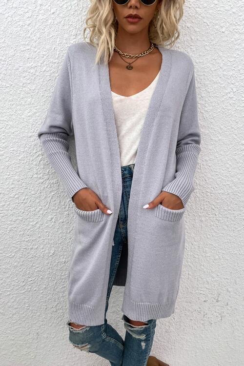 Open Front Long Sleeve Cardigan with Pockets - MegaSuperStar