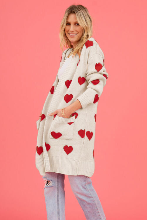 Heart Graphic Open Front Cardigan with Pockets - MegaSuperStar