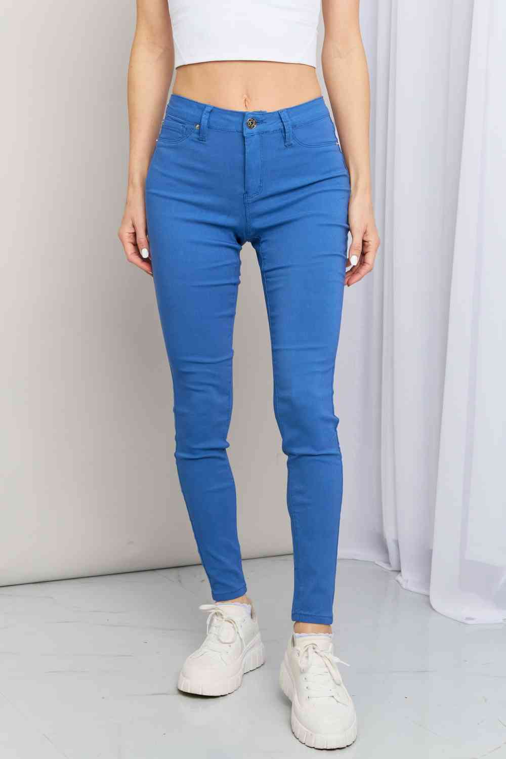 YMI Jeanswear Kate Hyper-Stretch Full Size Mid-Rise Skinny Jeans in Electric Blue - MegaSuperStar