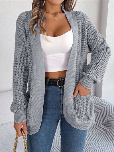 Open Front Long Sleeve Cardigan with Pockets - MegaSuperStar