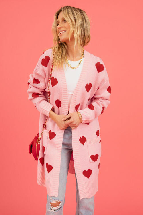 Heart Graphic Open Front Cardigan with Pockets - MegaSuperStar