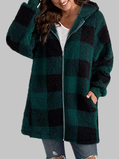 Plaid Zip-Up Hooded Jacket with Pockets