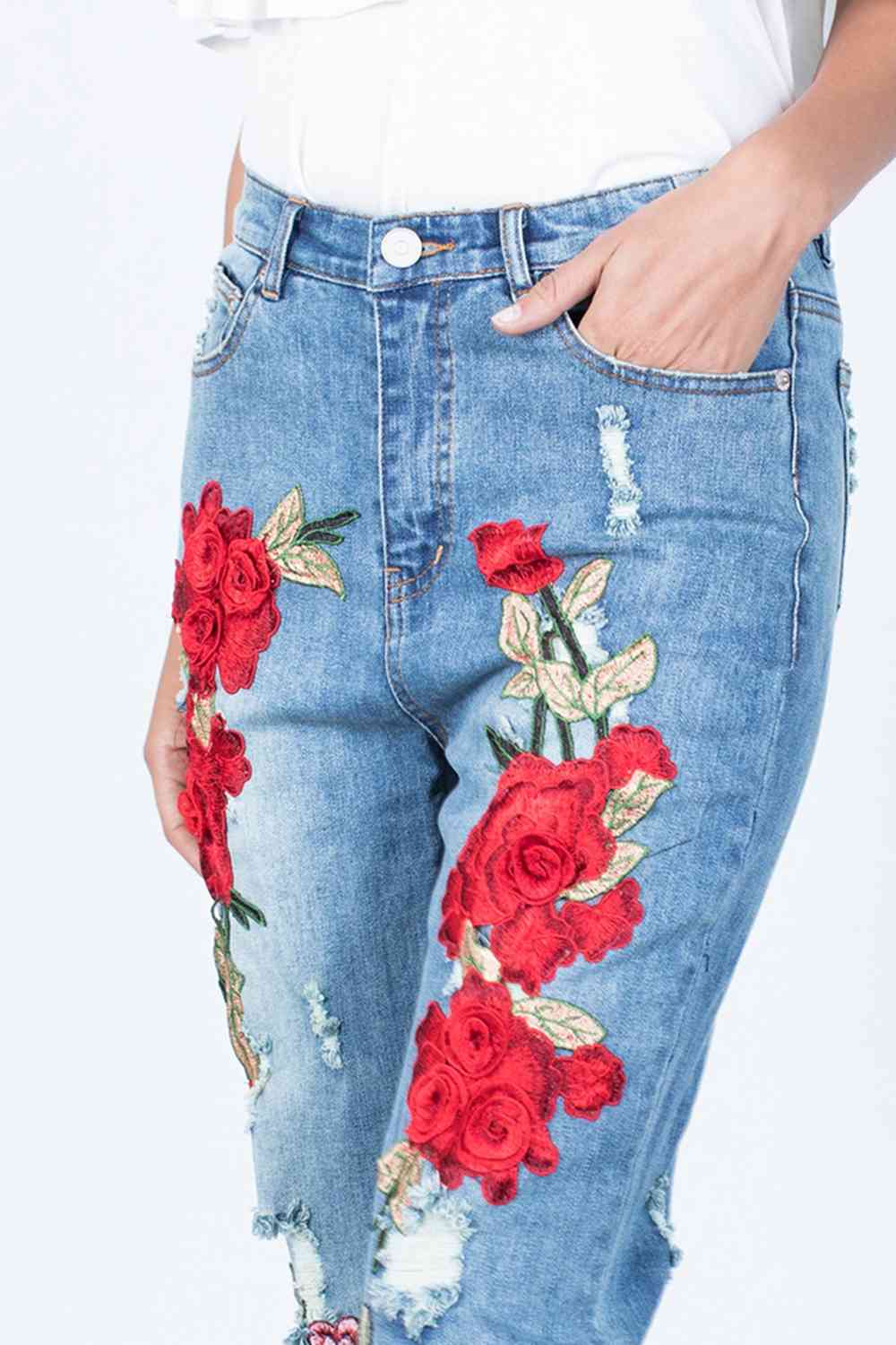 Full Size Flower Embroidery Buttoned Jeans - MegaSuperStar