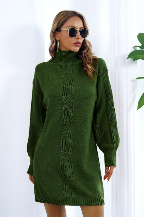 Openwork Turtleneck Long Sleeve Sweater Dress