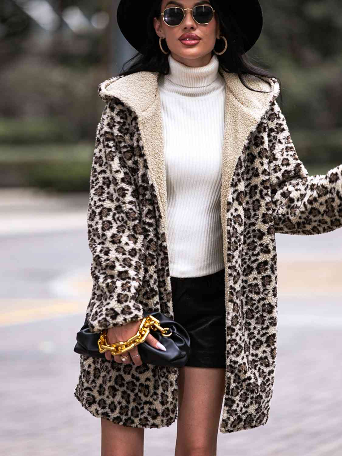 Leopard Hooded Coat with Pockets