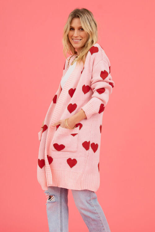 Heart Graphic Open Front Cardigan with Pockets - MegaSuperStar