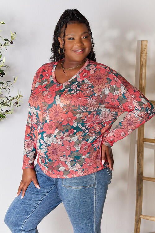 Hopely Full Size Floral Print V-Neck Long Sleeve Blouse