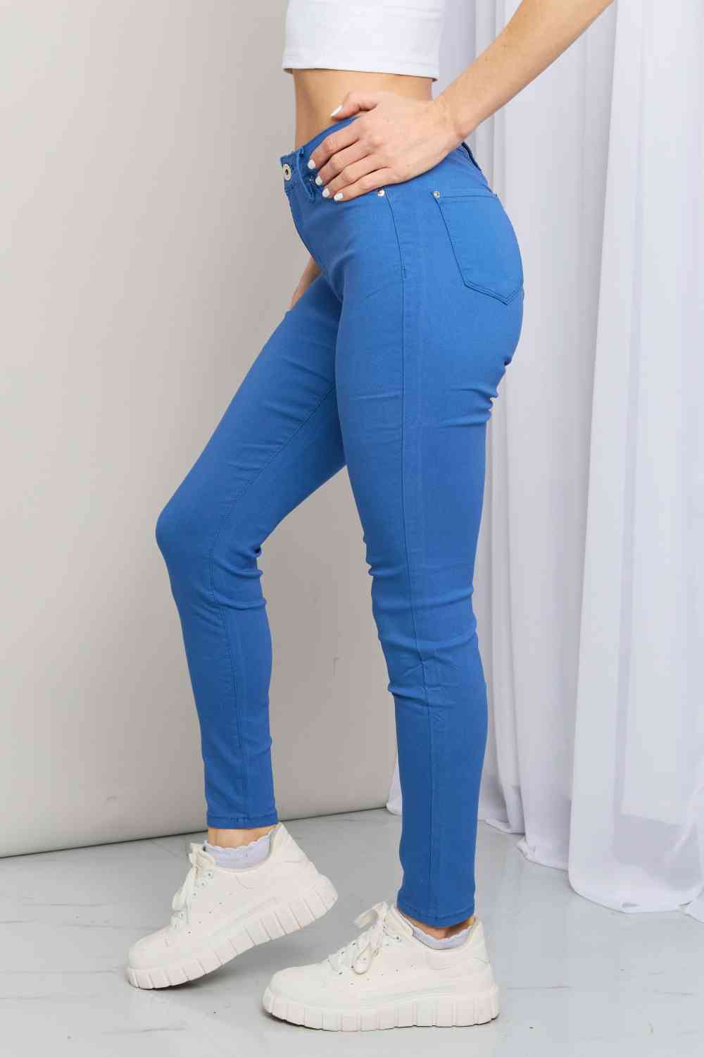 YMI Jeanswear Kate Hyper-Stretch Full Size Mid-Rise Skinny Jeans in Electric Blue - MegaSuperStar