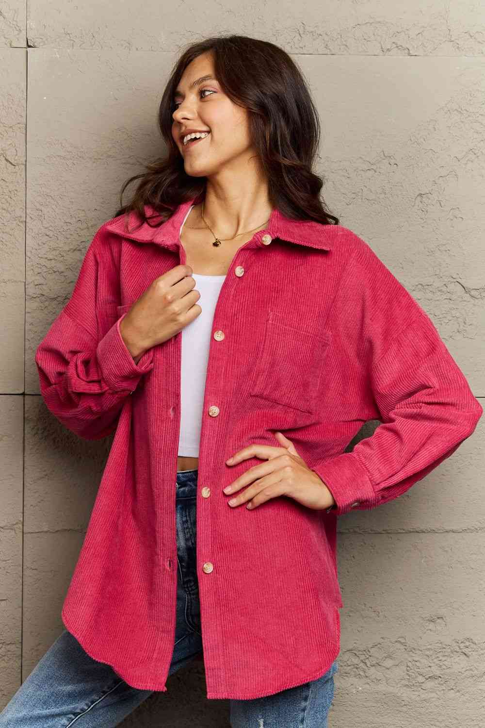 Ninexis Collared Neck Dropped Shoulder Button-Down Jacket