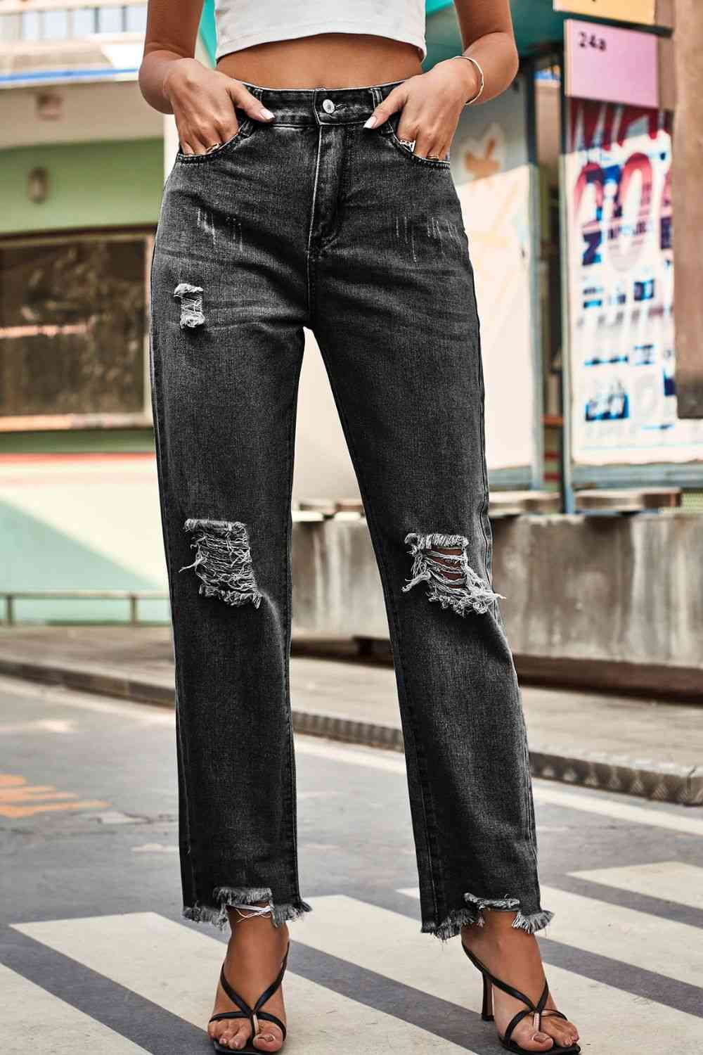 Distressed Buttoned Loose Fit Jeans - MegaSuperStar