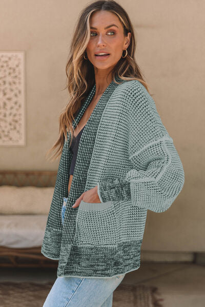 Waffle-knit Pocketed Open Front Cardigan - MegaSuperStar