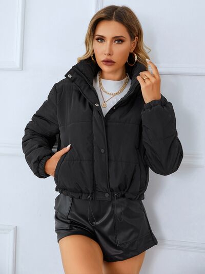 Snap and Zip Closure Drawstring Cropped Winter Coat - MegaSuperStar