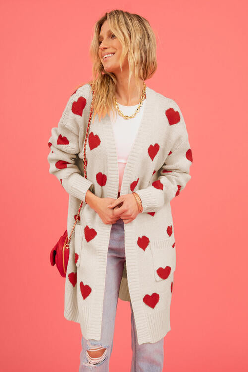 Heart Graphic Open Front Cardigan with Pockets - MegaSuperStar