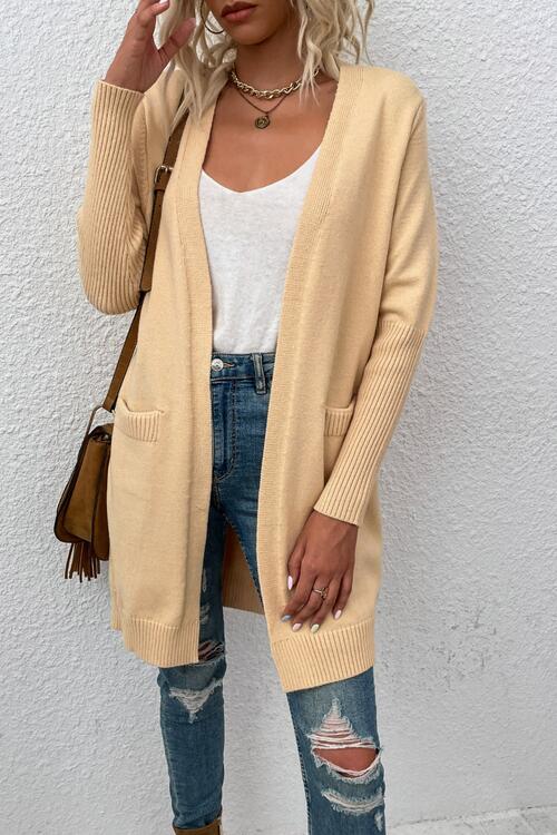 Open Front Long Sleeve Cardigan with Pockets - MegaSuperStar