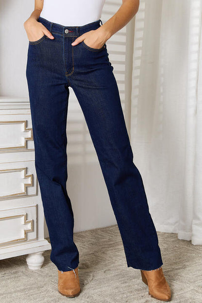 Judy Blue Full Size Raw Hem Straight Leg Jeans with Pockets