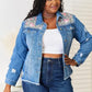 Baeful Leopard Floral Distressed Raw Hem Denim Jacket
