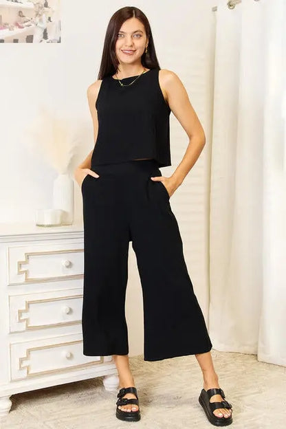 Double Take Buttoned Round Neck Tank and Wide Leg Pants Set
