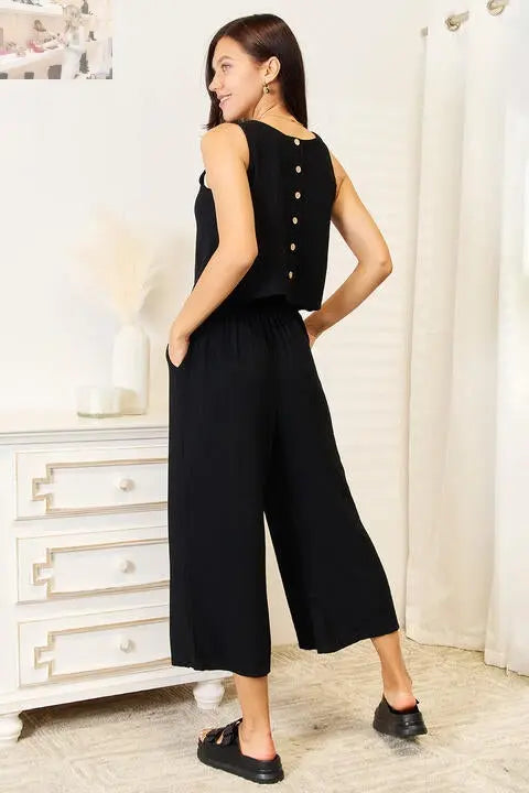 Double Take Buttoned Round Neck Tank and Wide Leg Pants Set