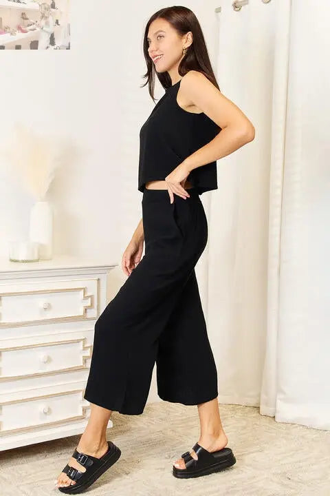 Double Take Buttoned Round Neck Tank and Wide Leg Pants Set