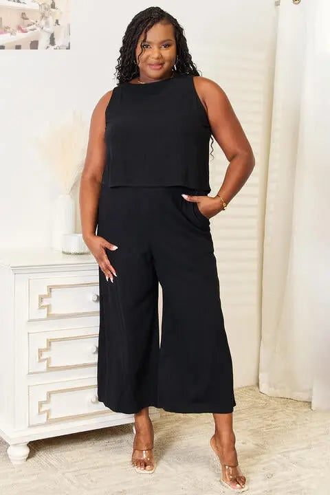 Double Take Buttoned Round Neck Tank and Wide Leg Pants Set