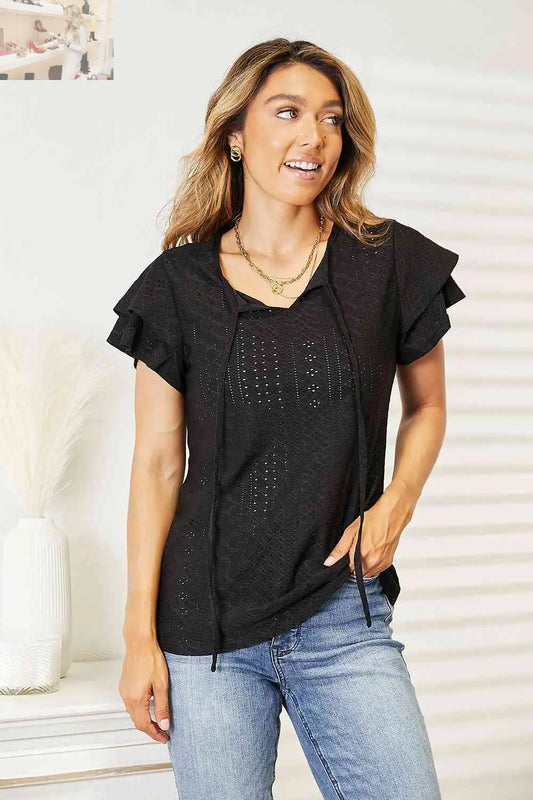 Double Take Eyelet Tie-Neck Flutter Sleeve Blouse