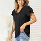 Double Take Eyelet Tie-Neck Flutter Sleeve Blouse