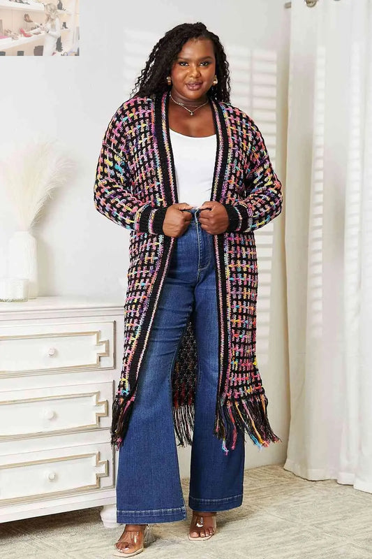 Double Take Full Size Multicolored Open Front Fringe Hem Cardigan