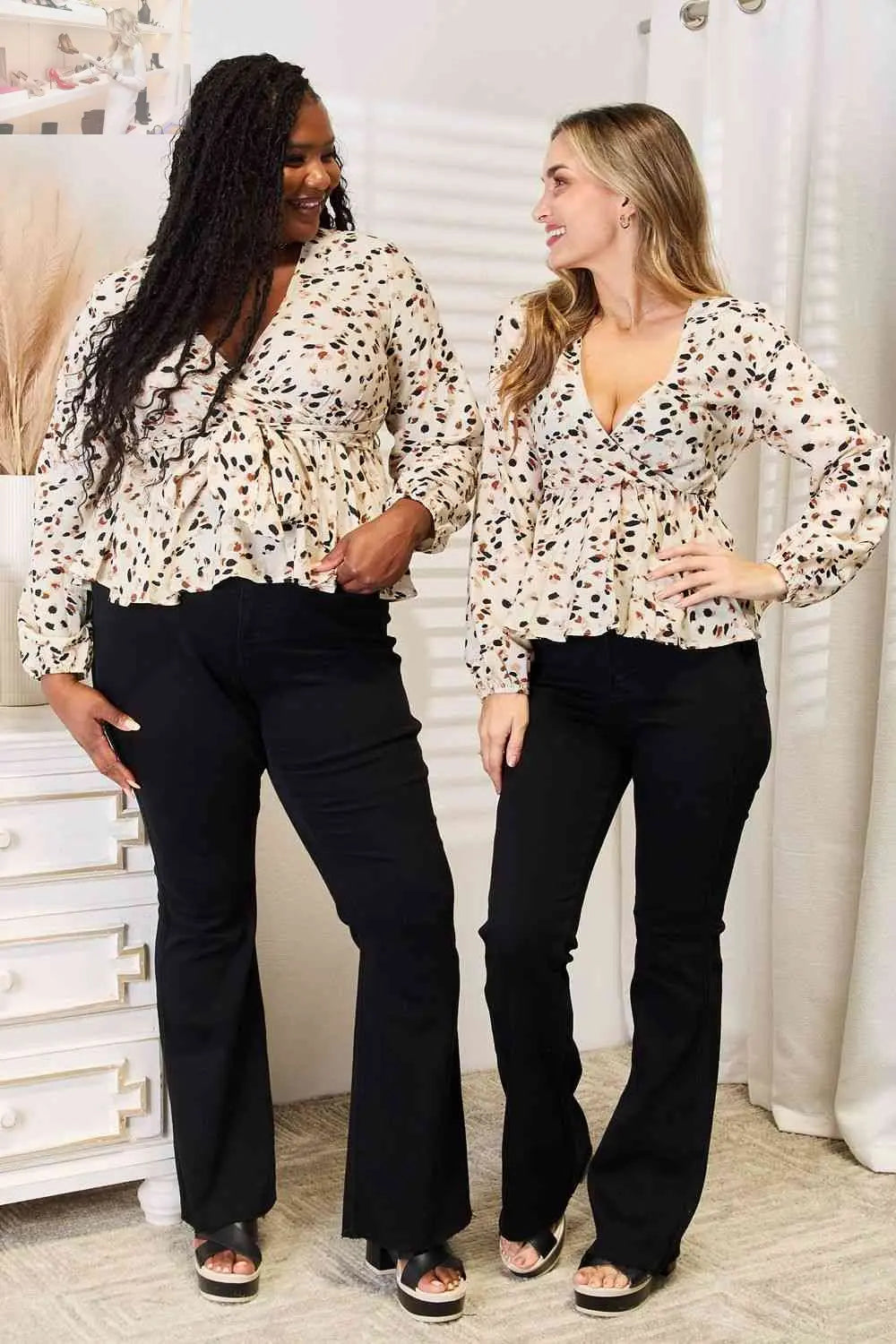 Double Take Printed Tied Plunge Peplum Blouse