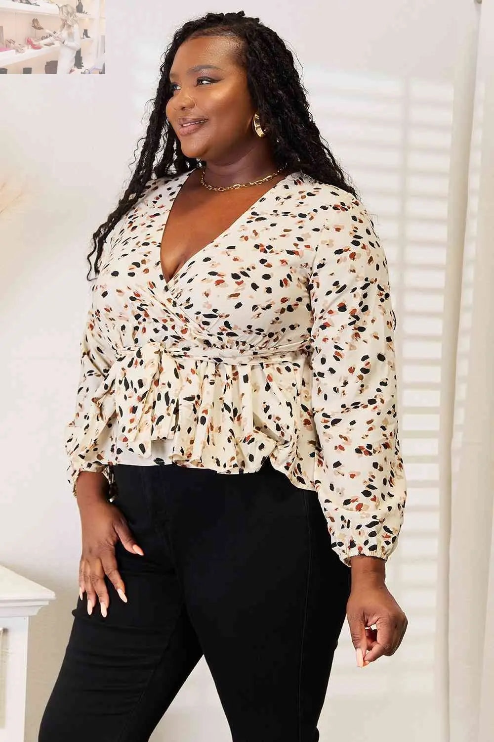 Double Take Printed Tied Plunge Peplum Blouse