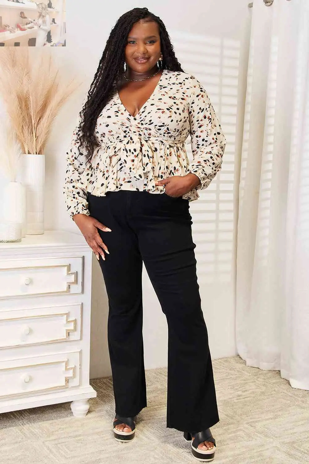 Double Take Printed Tied Plunge Peplum Blouse