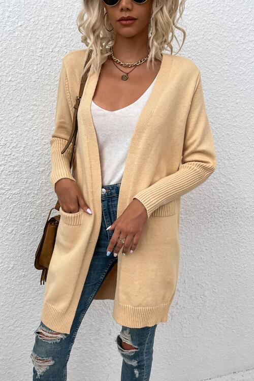 Open Front Long Sleeve Cardigan with Pockets - MegaSuperStar