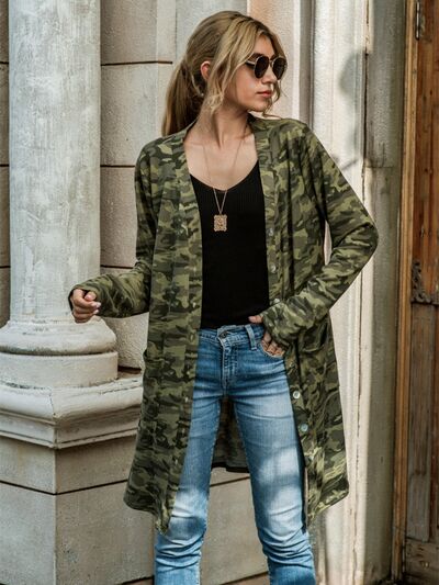 Camouflage Button Up Long Sleeve Cardigan - MegaSuperStar